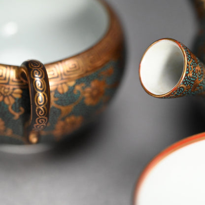Antique Japanese Porcelain Kutani Sencha Tea Set, Koyama ー金蘭手九谷 煎茶々碗 五客