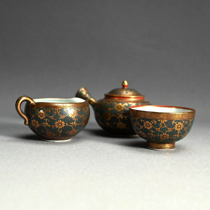 Antique Japanese Porcelain Kutani Sencha Tea Set, Koyama ー金蘭手九谷 煎茶々碗 五客