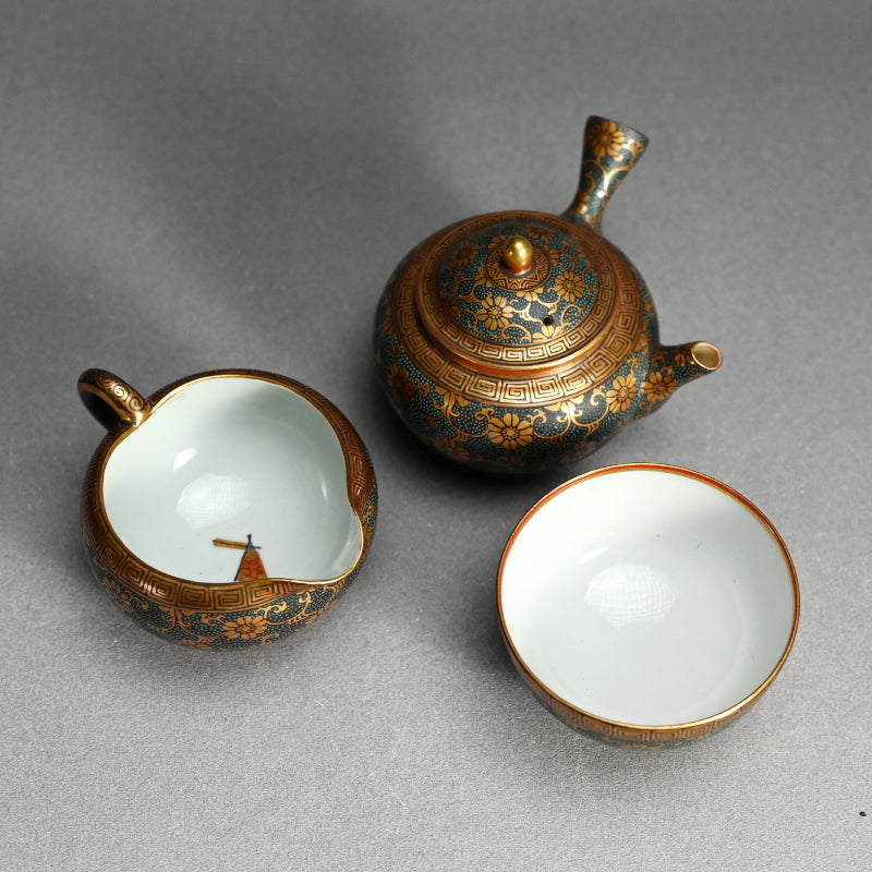 Antique Japanese Porcelain Kutani Sencha Tea Set, Koyama ー金蘭手九谷 煎茶々碗 五客
