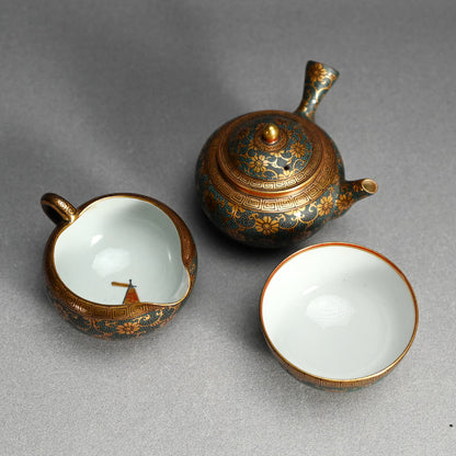 Antique Japanese Porcelain Kutani Sencha Tea Set, Koyama ー金蘭手九谷 煎茶々碗 五客