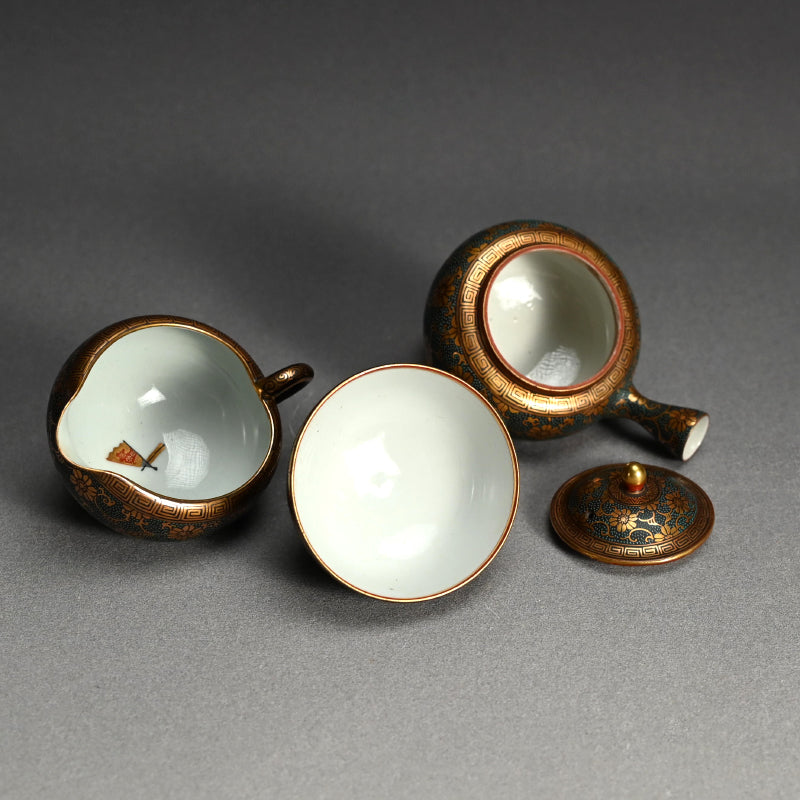 Antique Japanese Porcelain Kutani Sencha Tea Set, Koyama ー金蘭手九谷 煎茶々碗 五客