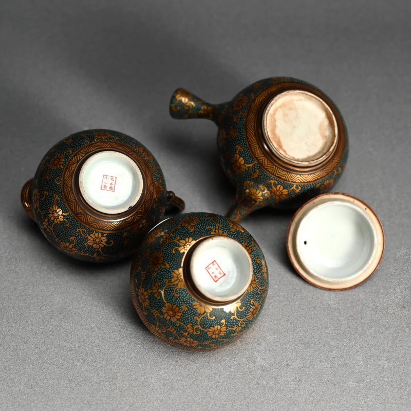 Antique Japanese Porcelain Kutani Sencha Tea Set, Koyama ー金蘭手九谷 煎茶々碗 五客