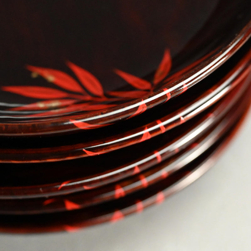 5 pc Lacquer Plate Set, Red Bamboo ー服部 峻昇 “松溜塗朱竹 銘々皿”