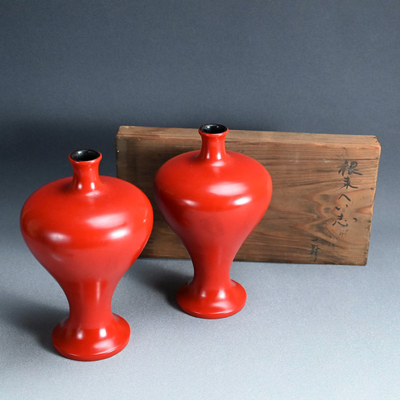 Antique Japanese Negoro Heishi Lacquered Vase Set