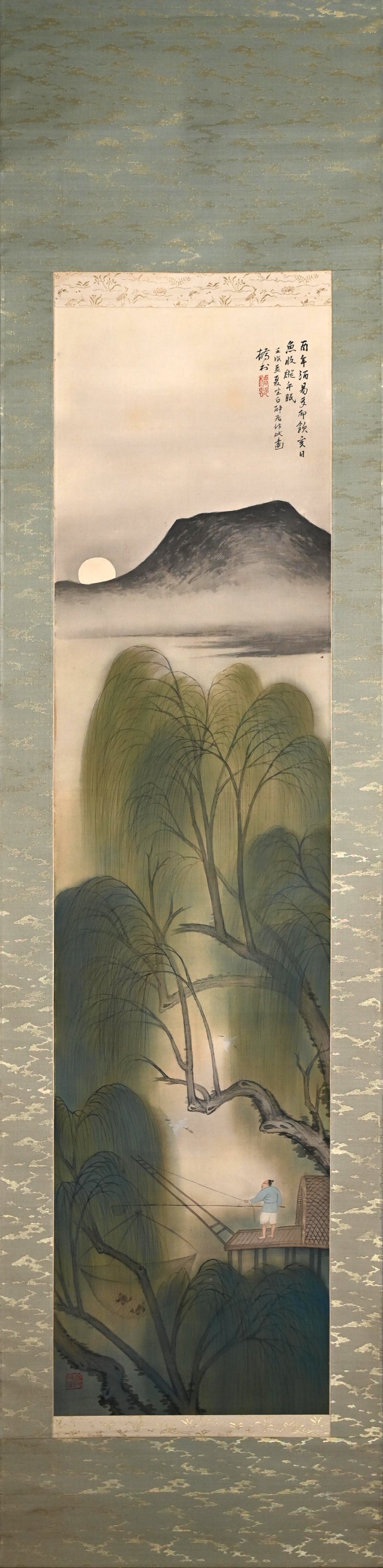 月明かりの釣り、1922年絹巻物 ー矢野橋村『柳陰捕魚図』