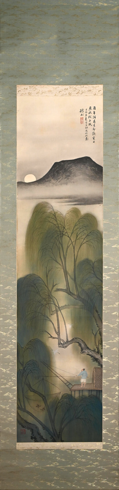 月明かりの釣り、1922年絹巻物 ー矢野橋村『柳陰捕魚図』