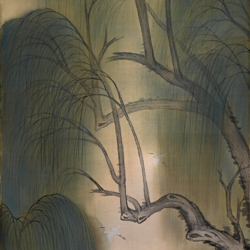 月明かりの釣り、1922年絹巻物 ー矢野橋村『柳陰捕魚図』