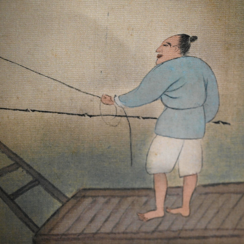 月明かりの釣り、1922年絹巻物 ー矢野橋村『柳陰捕魚図』