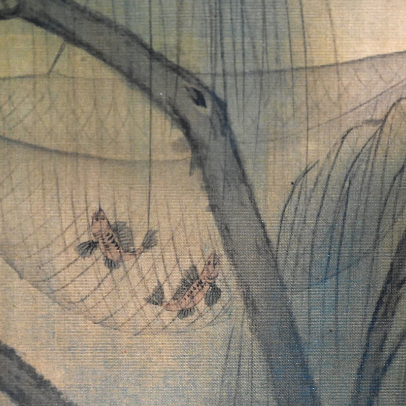 月明かりの釣り、1922年絹巻物 ー矢野橋村『柳陰捕魚図』