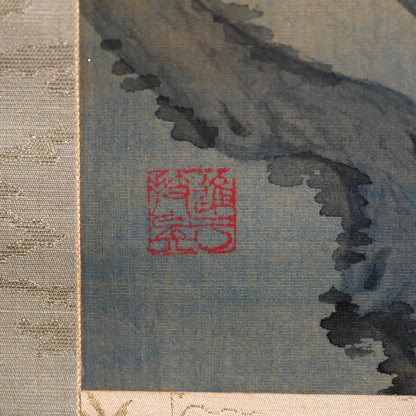 月明かりの釣り、1922年絹巻物 ー矢野橋村『柳陰捕魚図』