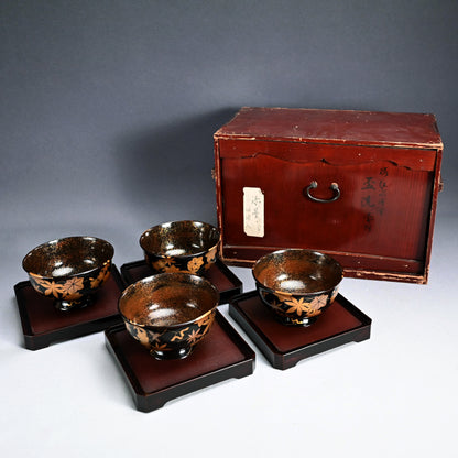 Boxed Antique Lacquer Bowl & Tray set ー平安楊光堂 造 三上 治三郎 “椛之紅葉 蒔繪 盃洗”