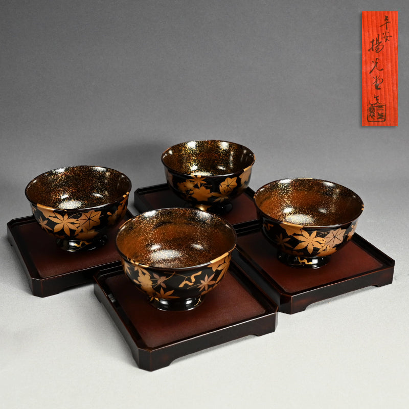 Boxed Antique Lacquer Bowl & Tray set ー平安楊光堂 造 三上 治三郎 “椛之紅葉 蒔繪 盃洗”