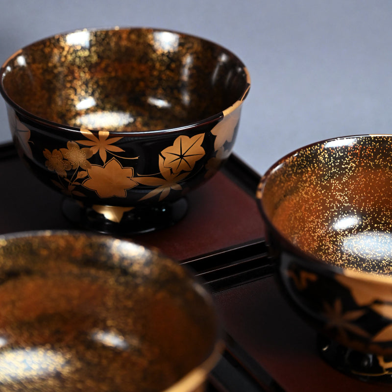 漆芸 大正時代 紅葉 時代木製漆器 紅葉波に扇子見返し蒔絵 吸物椀