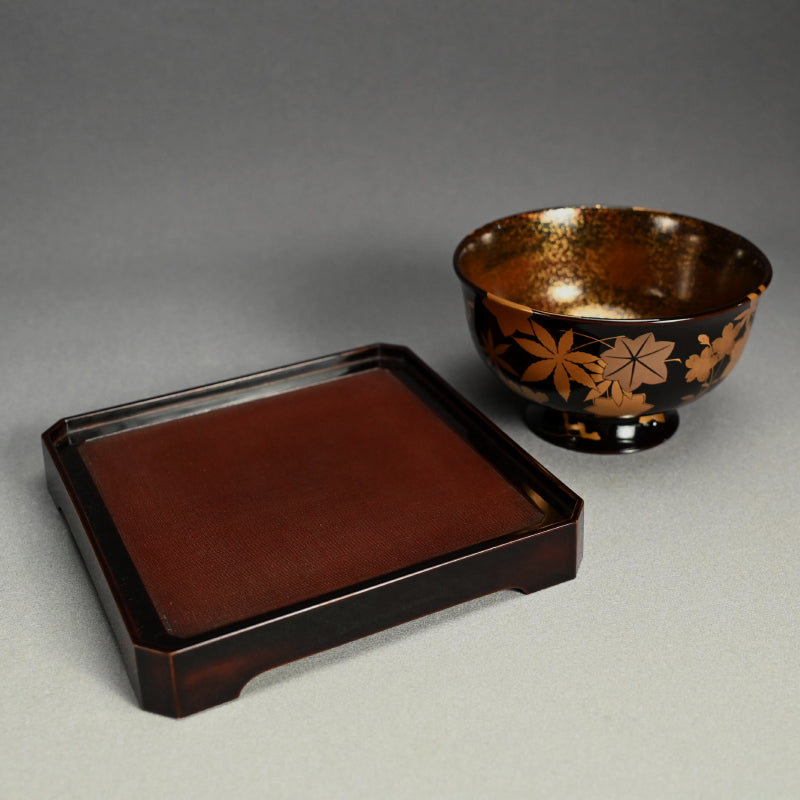 Boxed Antique Lacquer Bowl & Tray set ー平安楊光堂 造 三上 治三郎 “椛之紅葉 蒔繪 盃洗”