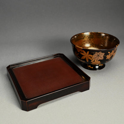 Boxed Antique Lacquer Bowl & Tray set ー平安楊光堂 造 三上 治三郎 “椛之紅葉 蒔繪 盃洗”
