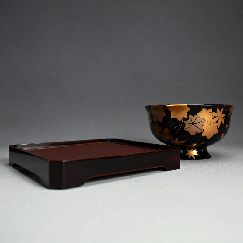 Boxed Antique Lacquer Bowl & Tray set ー平安楊光堂 造 三上 治三郎 “椛之紅葉 蒔繪 盃洗”