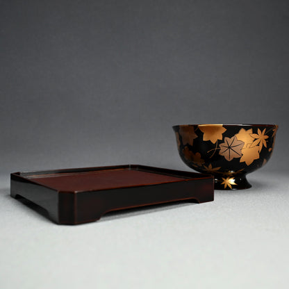 Boxed Antique Lacquer Bowl & Tray set ー平安楊光堂 造 三上 治三郎 “椛之紅葉 蒔繪 盃洗”