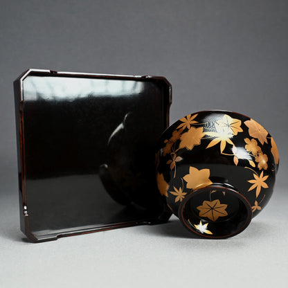 Boxed Antique Lacquer Bowl & Tray set ー平安楊光堂 造 三上 治三郎 “椛之紅葉 蒔繪 盃洗”