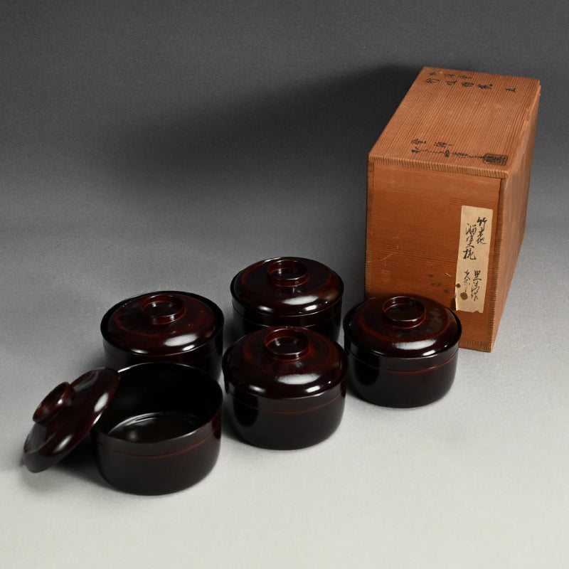 Elegant Lacquer Bamboo Bowl Set ー塗師 堅地屋 清兵衛 “竹吸物碗 五”