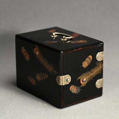 精巧な日本製漆塗りロックボックス（引き出し付き、シルバー金具）