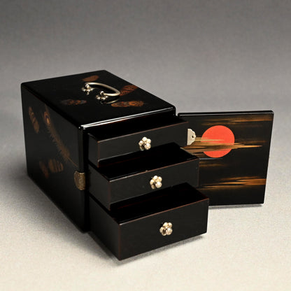 精巧な日本製漆塗りロックボックス（引き出し付き、シルバー金具）