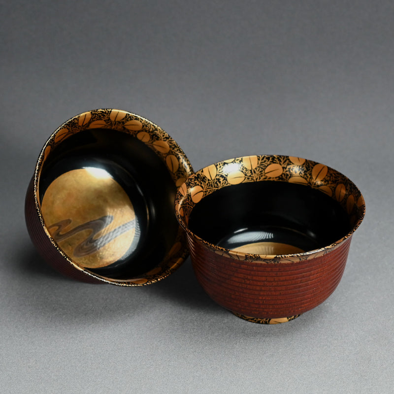 Exquisite Antique Japanese Lacquer Haisen Bowl Set ー"月二萩蒔繪 ロクロ目盆洗"
