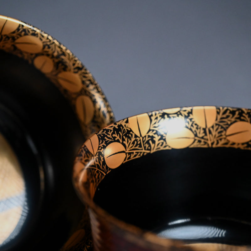 Exquisite Antique Japanese Lacquer Haisen Bowl Set ー"月二萩蒔繪 ロクロ目盆洗"