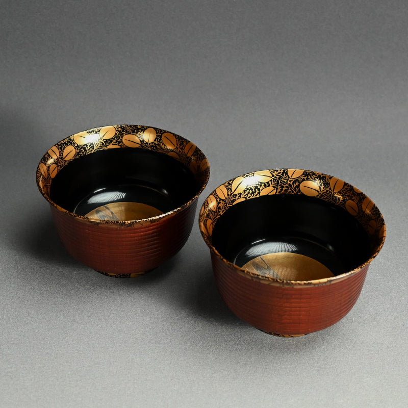 Exquisite Antique Japanese Lacquer Haisen Bowl Set ー"月二萩蒔繪 ロクロ目盆洗"