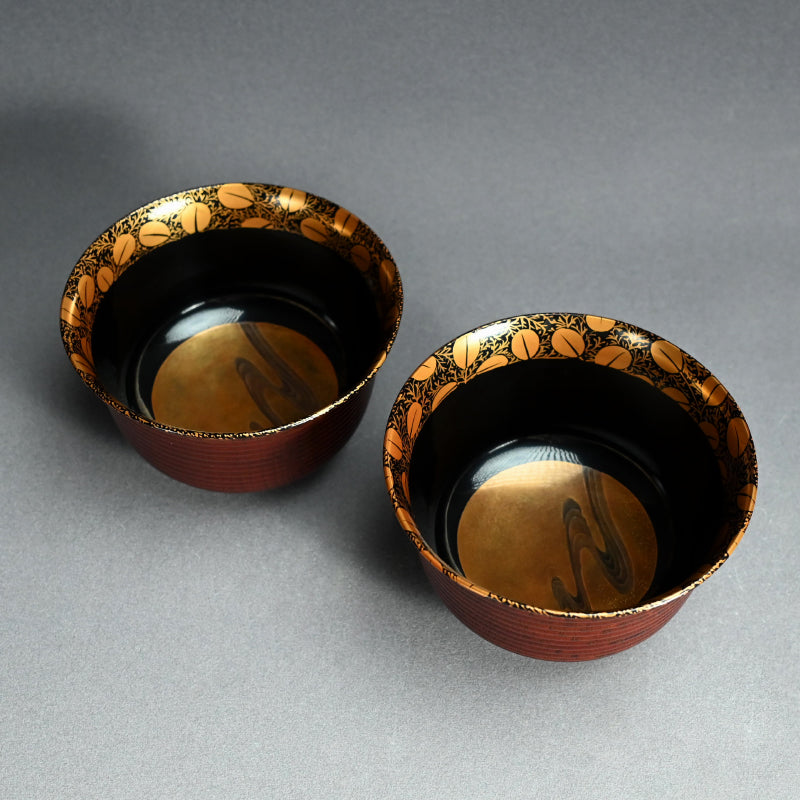 Exquisite Antique Japanese Lacquer Haisen Bowl Set ー"月二萩蒔繪 ロクロ目盆洗"