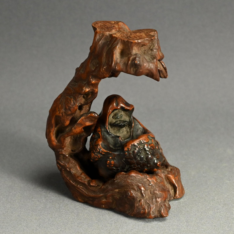 Antique Japanese Ishigami Daruma with Root Wood Stand