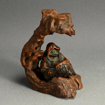 Antique Japanese Ishigami Daruma with Root Wood Stand