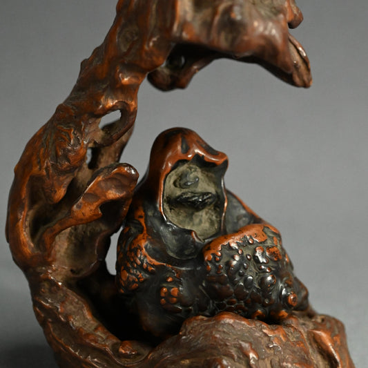 Antique Japanese Ishigami Daruma with Root Wood Stand