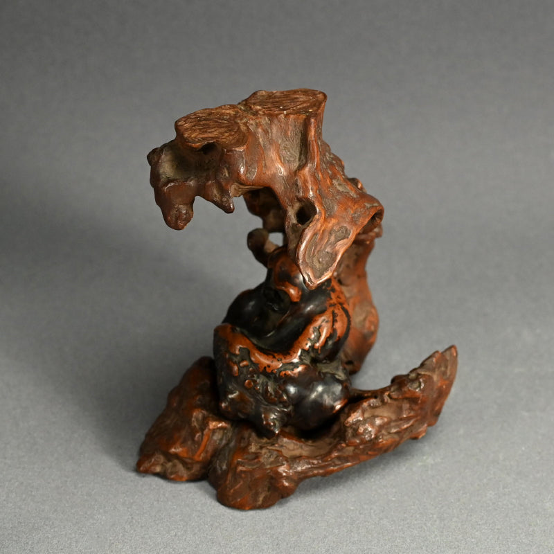 Antique Japanese Ishigami Daruma with Root Wood Stand