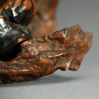 Antique Japanese Ishigami Daruma with Root Wood Stand