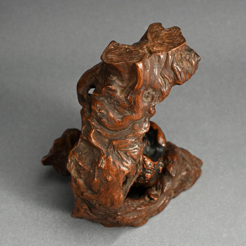 Antique Japanese Ishigami Daruma with Root Wood Stand
