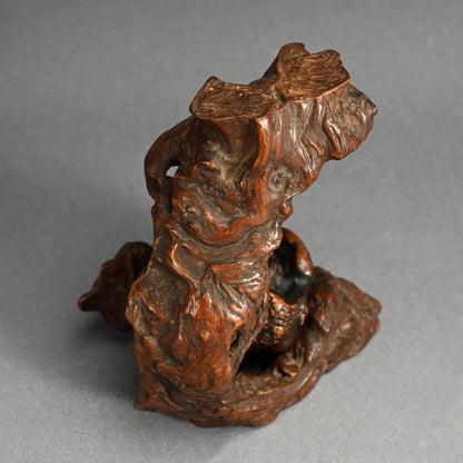Antique Japanese Ishigami Daruma with Root Wood Stand