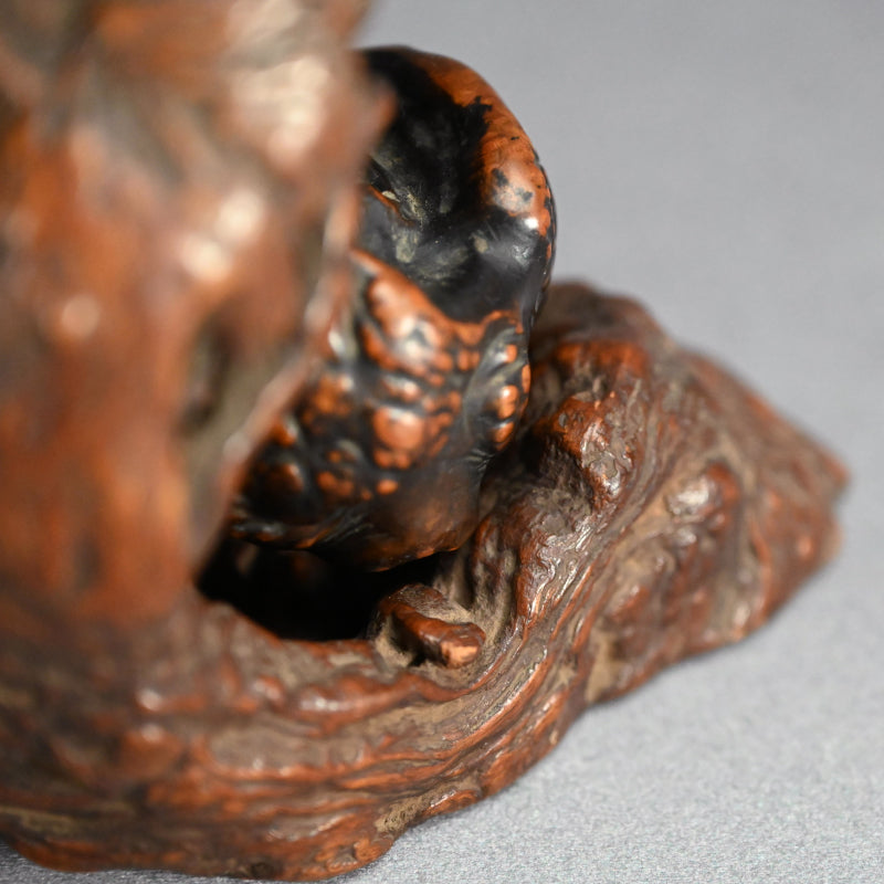 Antique Japanese Ishigami Daruma with Root Wood Stand