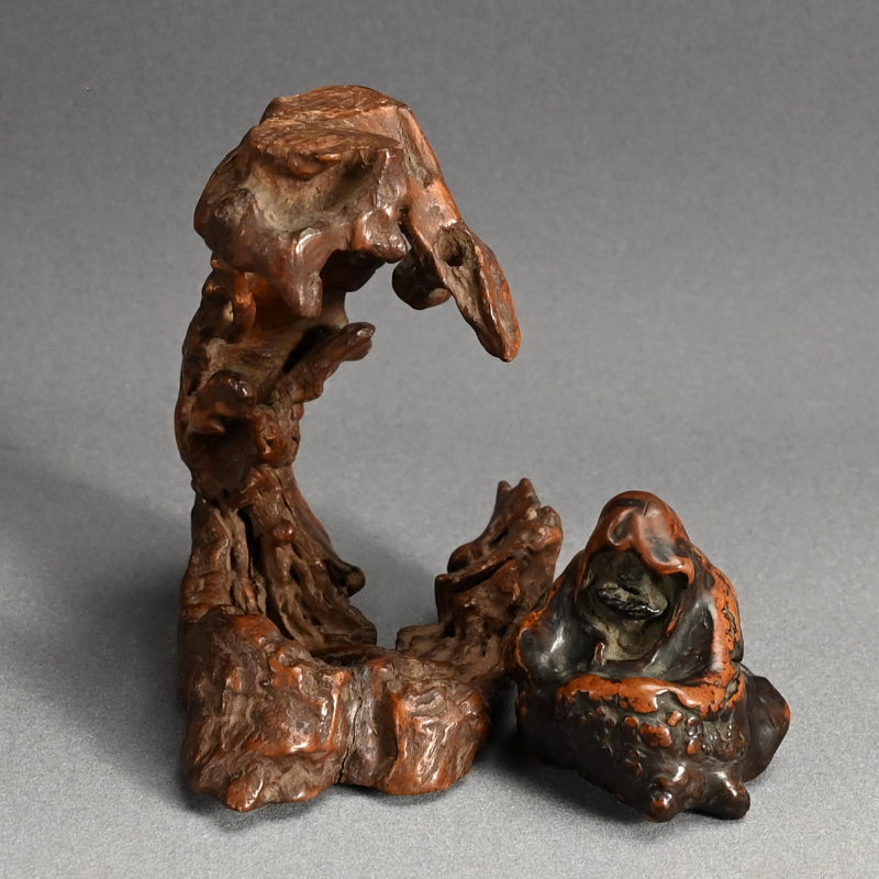 Antique Japanese Ishigami Daruma with Root Wood Stand