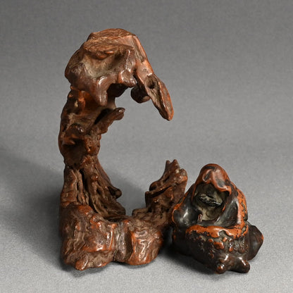 Antique Japanese Ishigami Daruma with Root Wood Stand