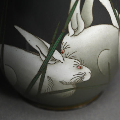 Exquisite Ando Shippo Cloisonne Vase, Rabbits ー“七宝兎文花瓶”
