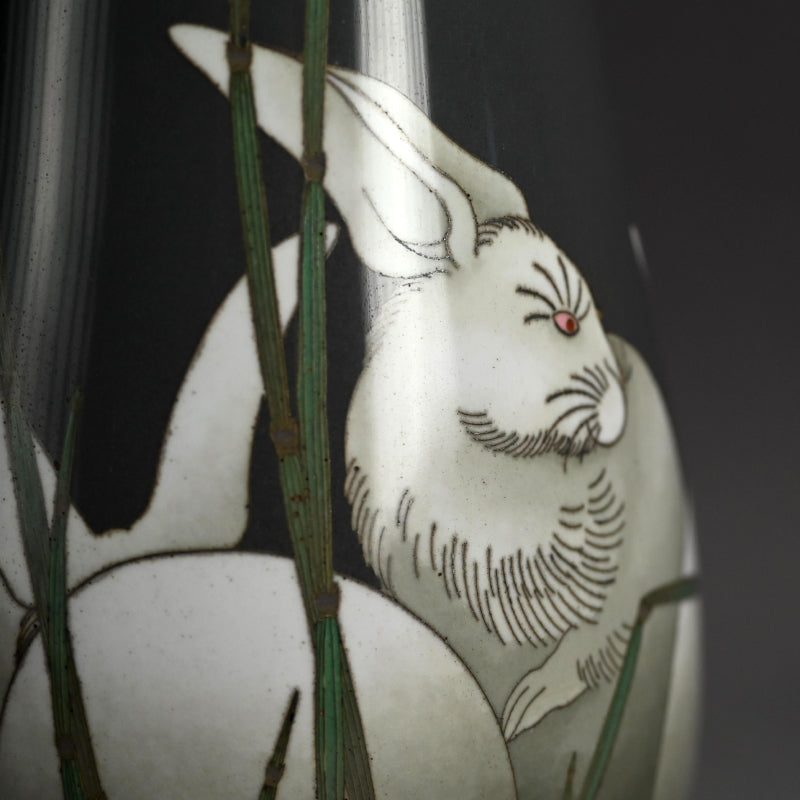 Exquisite Ando Shippo Cloisonne Vase, Rabbits ー“七宝兎文花瓶”