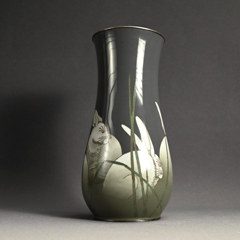 Exquisite Ando Shippo Cloisonne Vase, Rabbits ー“七宝兎文花瓶”