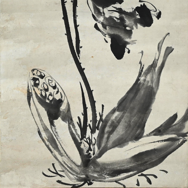 Antique Pair of Japanese Sumi-e Ink Lotus Scrolls, Hakuun ー白雲 “蓮之図”