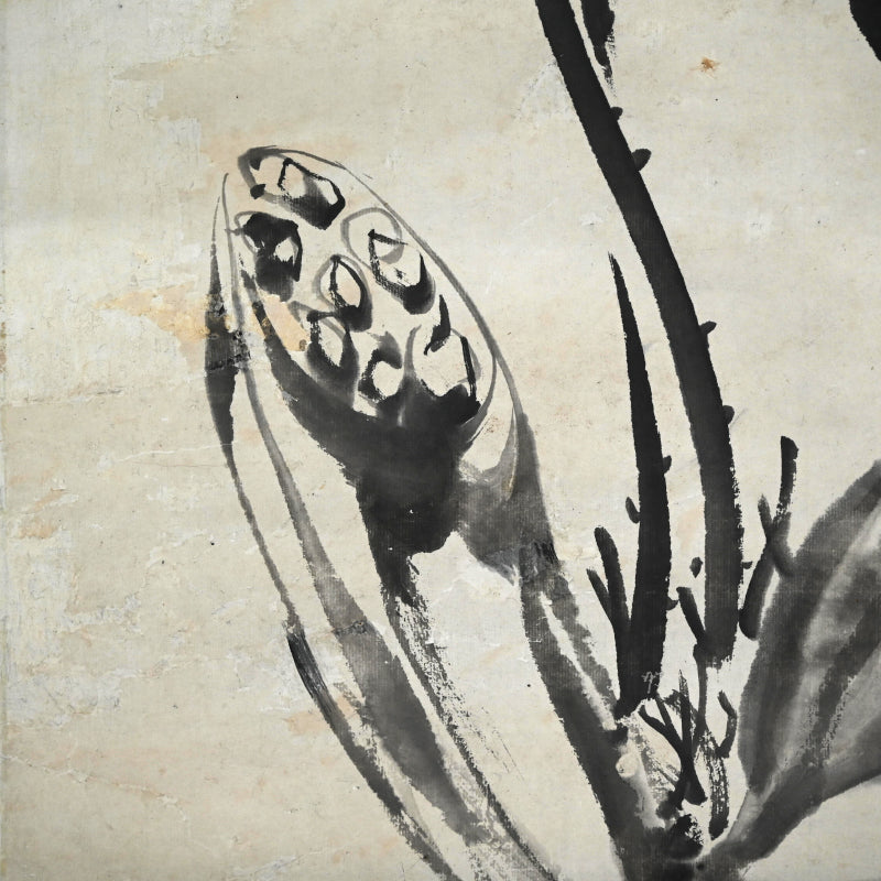 Antique Pair of Japanese Sumi-e Ink Lotus Scrolls, Hakuun ー白雲 “蓮之図”