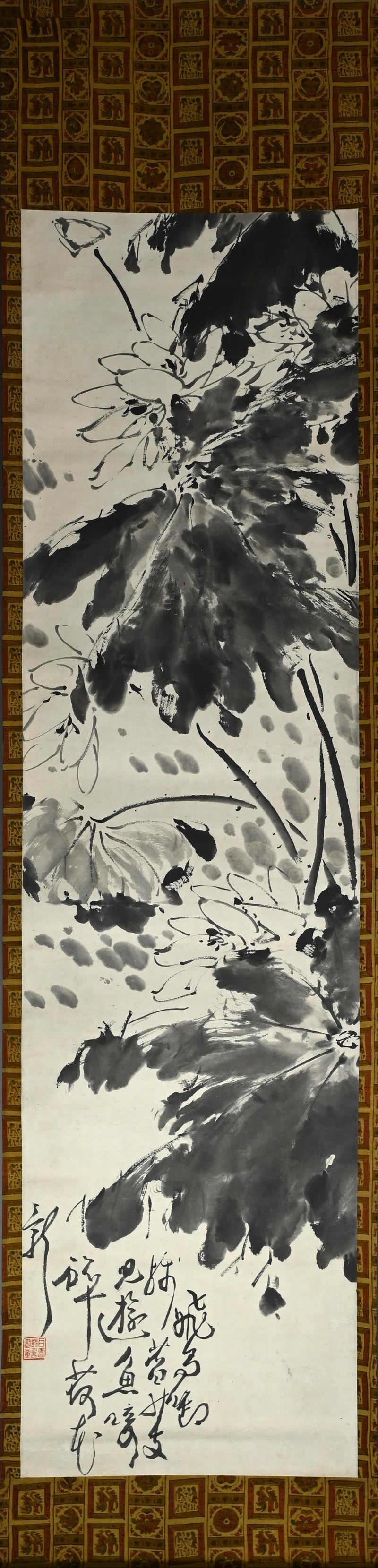 Antique Pair of Japanese Sumi-e Ink Lotus Scrolls, Hakuun ー白雲 “蓮之図”