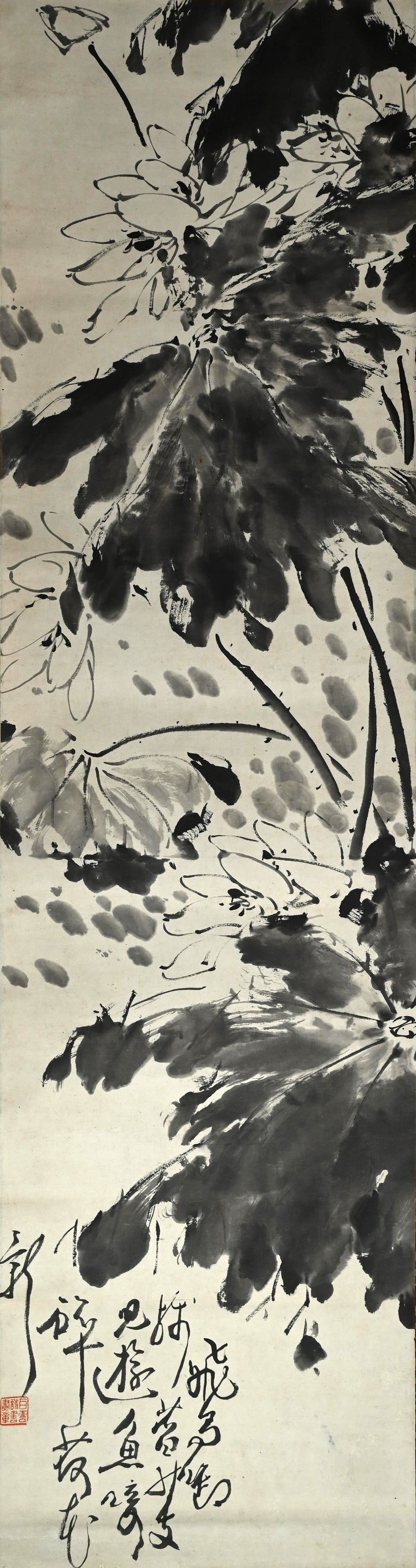 Antique Pair of Japanese Sumi-e Ink Lotus Scrolls, Hakuun ー白雲 “蓮之図”