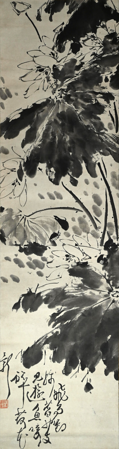 Antique Pair of Japanese Sumi-e Ink Lotus Scrolls, Hakuun ー白雲 “蓮之図”