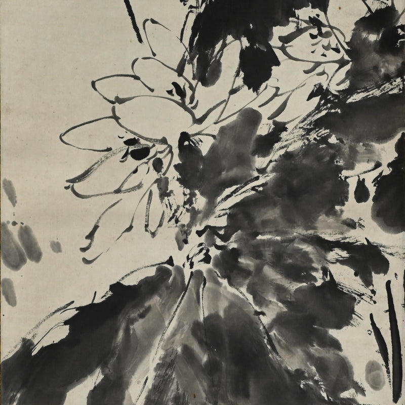 Antique Pair of Japanese Sumi-e Ink Lotus Scrolls, Hakuun ー白雲 “蓮之図”