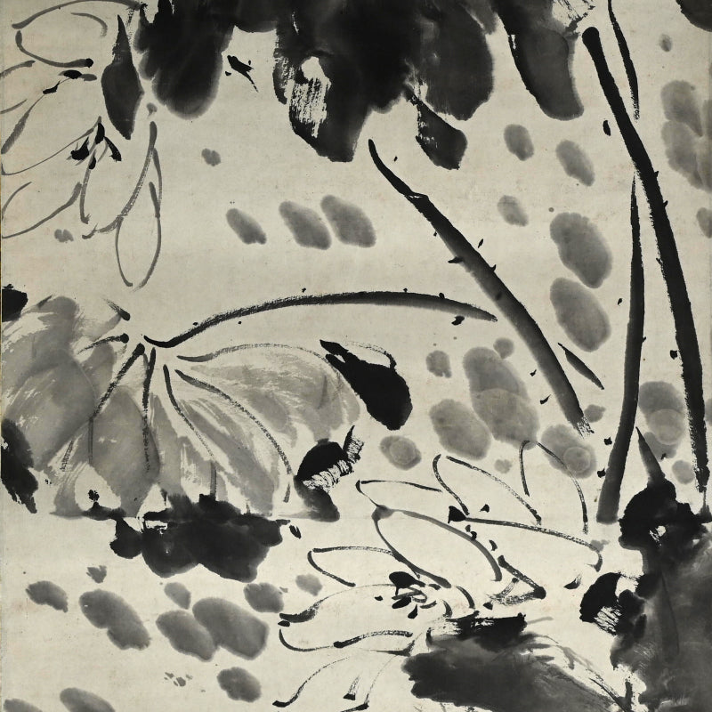 Antique Pair of Japanese Sumi-e Ink Lotus Scrolls, Hakuun ー白雲 “蓮之図”