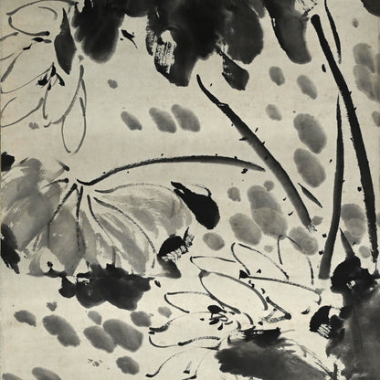 Antique Pair of Japanese Sumi-e Ink Lotus Scrolls, Hakuun ー白雲 “蓮之図”